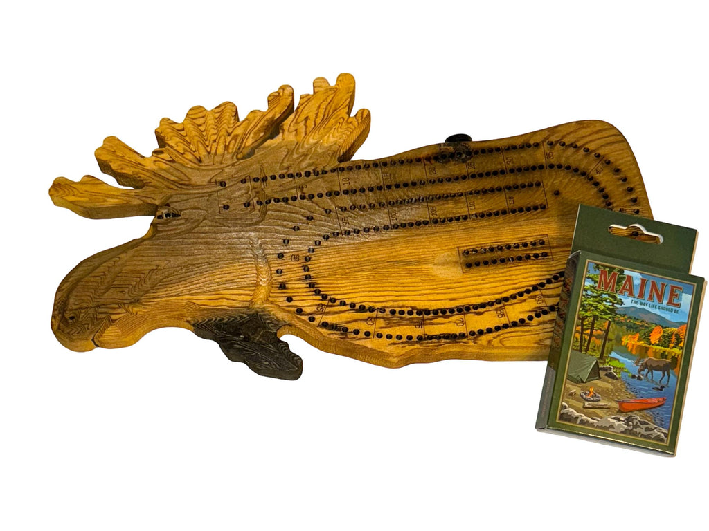 Moose Cribbage Board with Moose Playing Cards