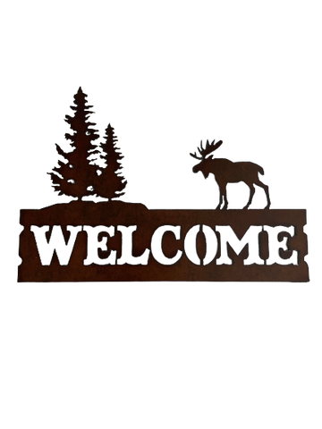 Horizontal Bronzed Metal Moose and Tree Welcome Sign
