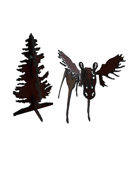 Metal Pine Tree and Moose Figurine