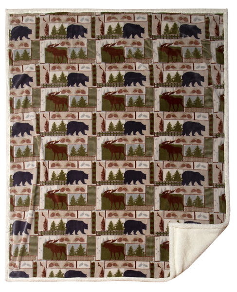 Vintage Lodge Cozy Moose and Bear Throw Blanket