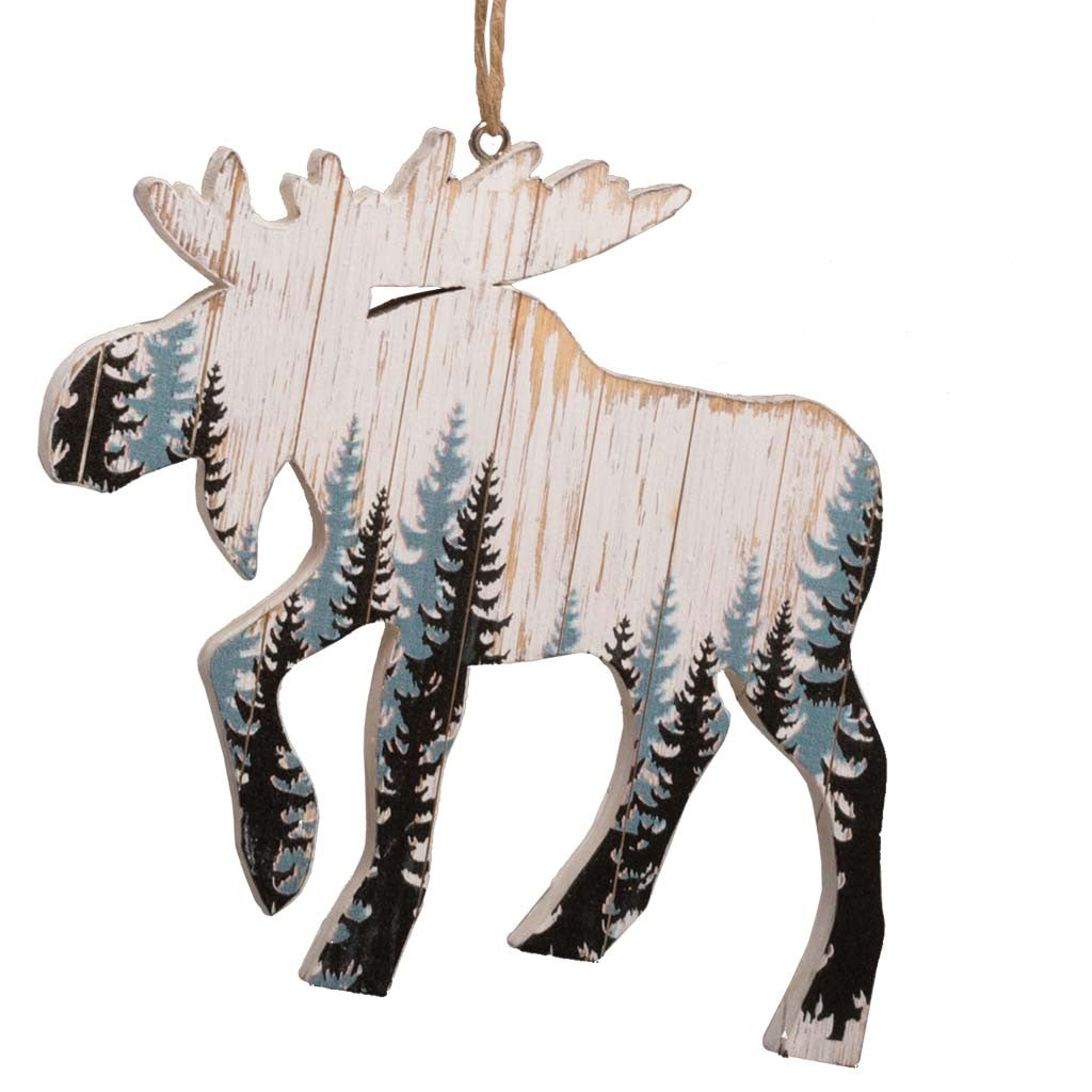 Moose Distressed Tree Wooden Ornament