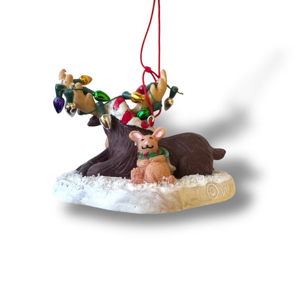Decorated Moose Cuddling with a Bunny Ornament