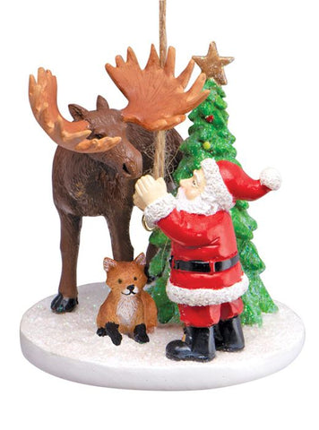 Santa with Moose and Fox Ornament