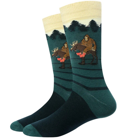 Green Bigfoot Riding Moose Socks