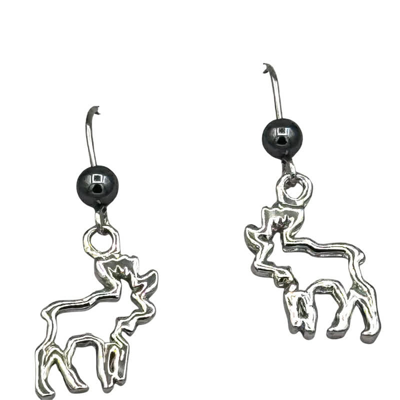Hematite Stone Silver Moose Dangle Earrings