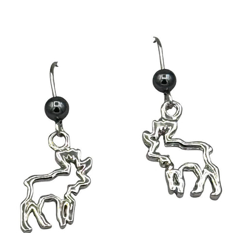 Hematite Stone Silver Moose Dangle Earrings