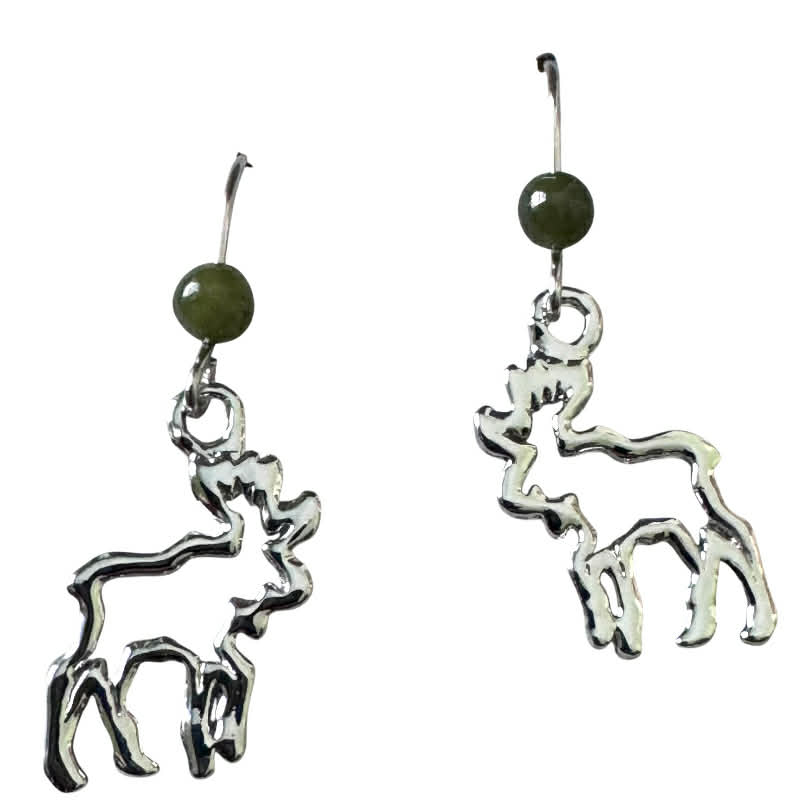 Jade Stone Silver Moose Dangle Earrings