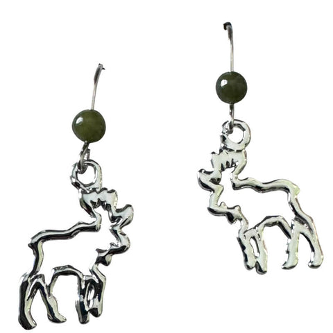 Jade Stone Silver Moose Dangle Earrings