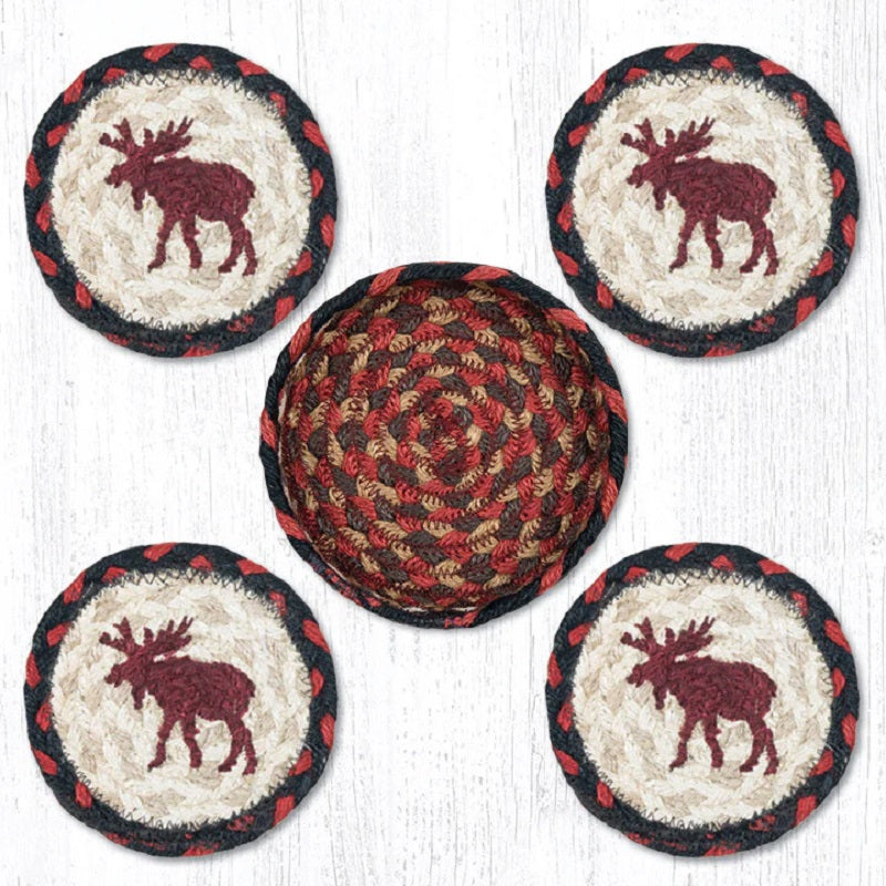 Moose Jute Coaster Set of 4 with Basket