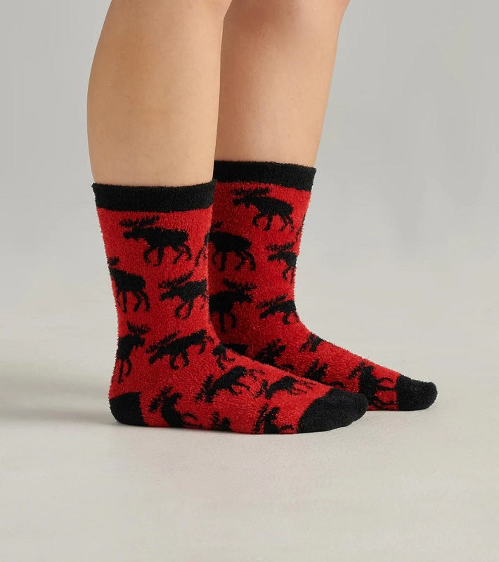 Moose on Red Cozy Fuzzy Socks