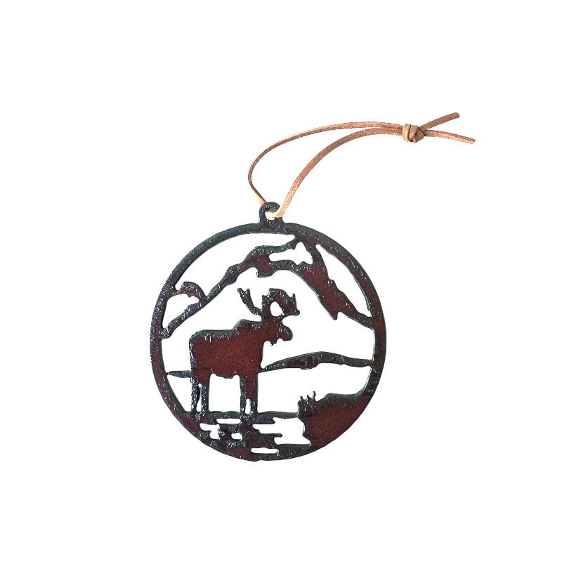 Round Moose Scene Rustic Metal Ornament