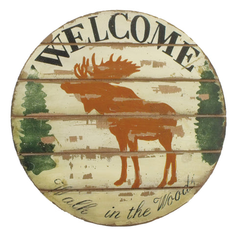 Round Wooden Moose Welcome Sign