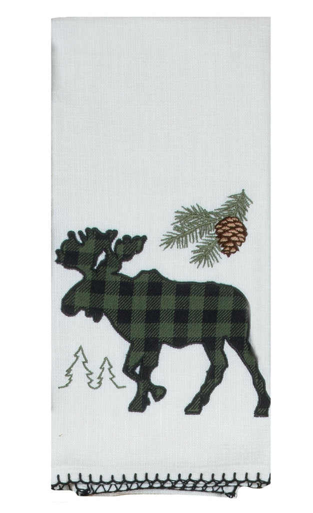 Embroidered Moose and Pine Cone Applique Tea Towel