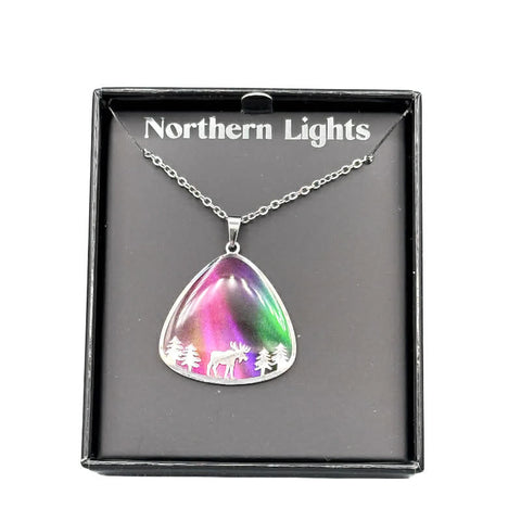 Northern Lights Moose Clam Shell Pendant Necklace
