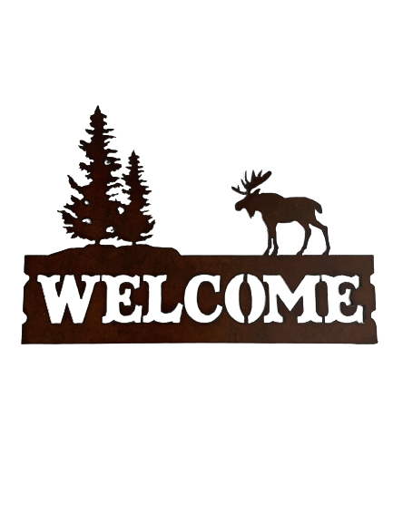 Horizontal Bronzed Metal Moose and Tree Welcome Sign