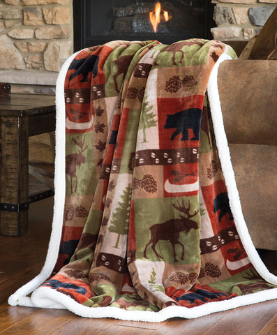 Patchwork Moose and Bear Lodge Throw Blanket