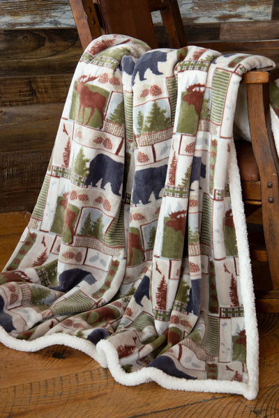 Vintage Lodge Cozy Moose and Bear Throw Blanket
