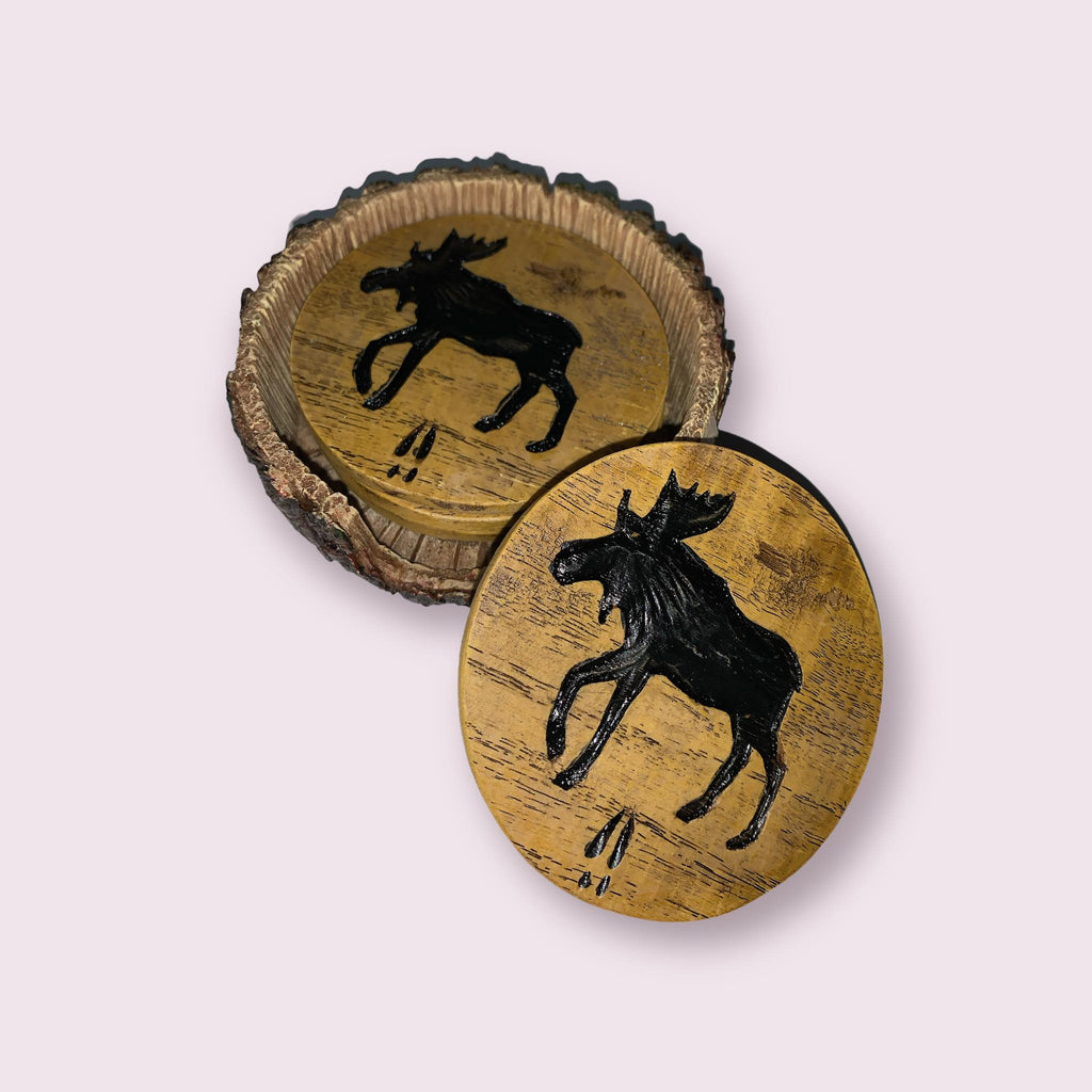 Moose Coasters in Stump Holder